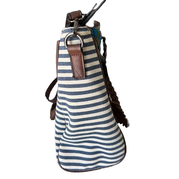 MMS Aztec & Stripe Print Satchel Tote w/Fringes Purse Handbag Removable Strap - Picture 7 of 16